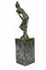 100% Bronze Sculpture Art Style New Deco Girl Statue. Signed Marble Figurine