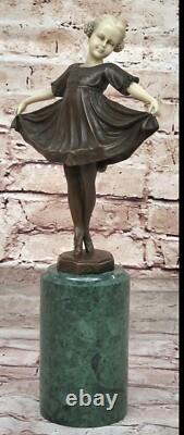 100% Bronze Sculpture Statue Signed Baby Girl Dock Marble Figurine