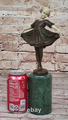 100% Bronze Sculpture Statue Signed Baby Girl Dock Marble Figurine