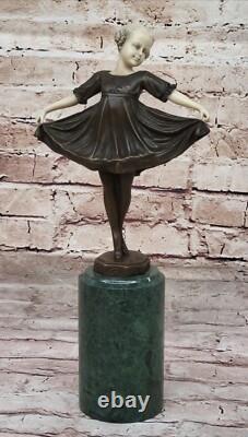100% Bronze Sculpture Statue Signed Baby Girl Dock Marble Figurine