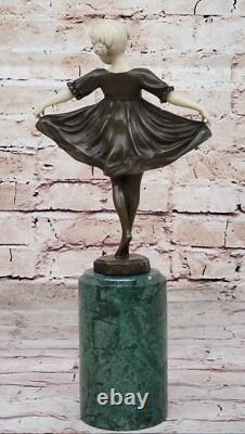 100% Bronze Sculpture Statue Signed Baby Girl Dock Marble Figurine