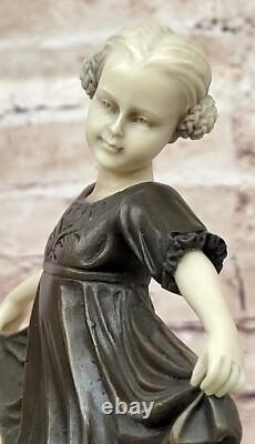 100% Bronze Sculpture Statue Signed Baby Girl Dock Marble Figurine