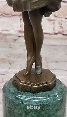 100% Bronze Sculpture Statue Signed Baby Girl Dock Marble Gift Sale