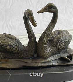 100% Bronze Sculpture Statue Signed Milo Two Beautiful Swans Deco Marble Bust