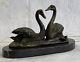 100% Bronze Sculpture Statue Signed Milo Two Beautiful Swans Deco Marble Opens