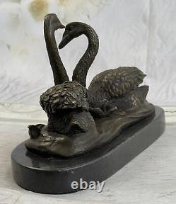 100% Bronze Sculpture Statue Signed Milo Two Beautiful Swans Deco Marble Opens