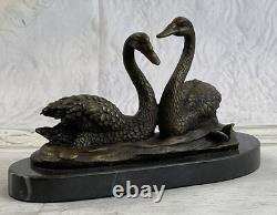 100% Bronze Sculpture Statue Signed Milo Two Beautiful Swans Marble Decor Open