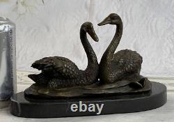 100% Bronze Sculpture Statue Signed Milo Two Beautiful Swans Marble Decor Open