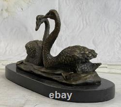 100% Bronze Sculpture Statue Signed Milo Two Beautiful Swans Marble Decor Open