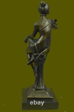 100% Bronze Signed Lady Woman Sitting on Chair Bird 10 Marble Base Sculpture