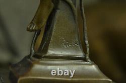 100% Bronze Signed Lady Woman Sitting on Chair Bird 10 Marble Base Sculpture