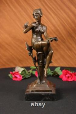100% Bronze Signed Lady Woman Sitting on Chair Bird 10 Sculpture Marble Base