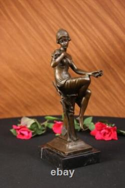 100% Bronze Signed Lady Woman Sitting on Chair Bird 10 Sculpture Marble Base