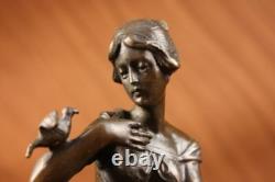 100% Bronze Signed Lady Woman Sitting on Chair Bird 10 Sculpture Marble Base