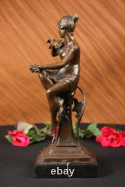 100% Bronze Signed Lady Woman Sitting on Chair Bird 10 Sculpture Marble Base