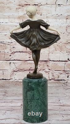 100% Signed Bronze Statue of Baby Girl on Stage Marble Figurine