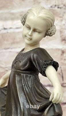 100% Signed Bronze Statue of Baby Girl on Stage Marble Figurine