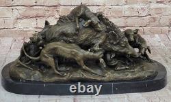 17.5 Signed Art Statue Bronze Marble Wild Boar Pig Hunting Dog War