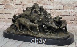 17.5 Signed Art Statue Bronze Marble Wild Boar Pig Hunting Dog War