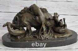 17.5 Signed Art Statue Bronze Marble Wild Boar Pig Hunting Dog War