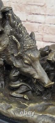 17.5 Signed Art Statue Bronze Marble Wild Boar Pig Hunting Dog War