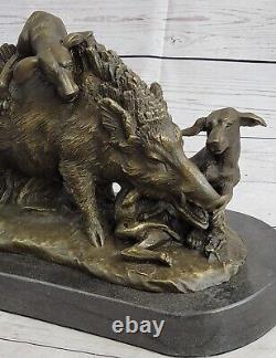 17.5 Signed Art Statue Bronze Marble Wild Boar Pig Hunting Dog War
