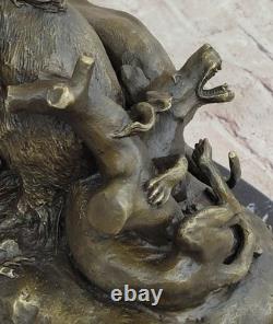 17.5 Signed Art Statue Bronze Marble Wild Boar Pig Hunting Dog War