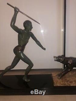 1920 Bronze Sculpture Signed J Brault Art Deco Hunting Wolf Warrior Statue Rare