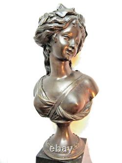 19th Century Statue, Woman on Black Marble Base, Patinated Bronze, Signed L. V. E. ROBERT