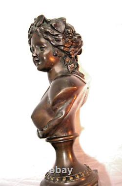 19th Century Statue, Woman on Black Marble Base, Patinated Bronze, Signed L. V. E. ROBERT