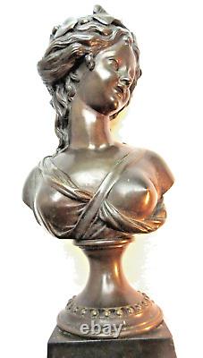 19th Century Statue, Woman on Black Marble Base, Patinated Bronze, Signed L. V. E. ROBERT