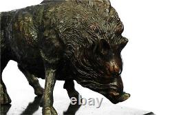 8.2kg Signed Art Bronze Statue Wild Marble Boar Pig - Hunting Dog War