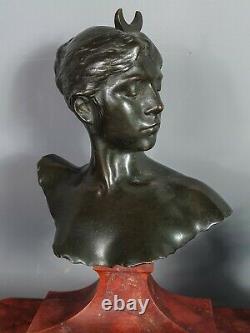 A. Falguière Buste Bronze Séléné & Encrier, Signed Fondeur Thiébaut Frères 19e S