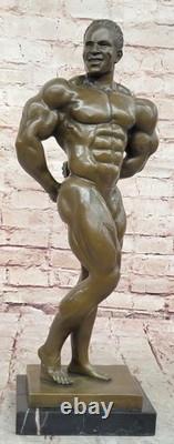 Abstract Bronze Muscular Modern Art Man Chair Statue with Marble Base, Signed