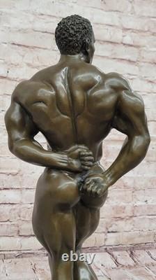 Abstract Bronze Muscular Modern Art Man Chair Statue with Marble Base, Signed