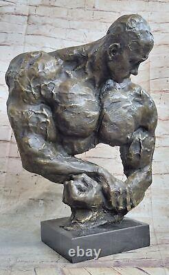 Abstract Modern Muscular Bronze Gift Male Marble Sculpture Signed Art