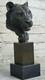 African Cougar Puma Bronze Sculpture Bust Signed Art Deco Marble Base Open