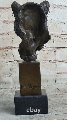 African Cougar Puma Bronze Sculpture Bust Signed Art Deco Marble Base Open