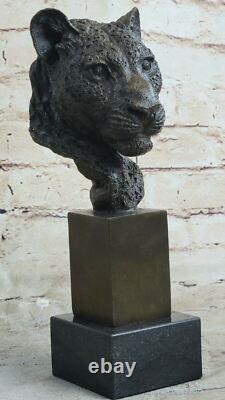 African Cougar Puma Bronze Sculpture Bust Signed Art Deco Marble Base Openwork