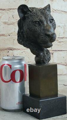 African Cougar Puma Bronze Sculpture Bust Signed Art Deco Marble Base Openwork