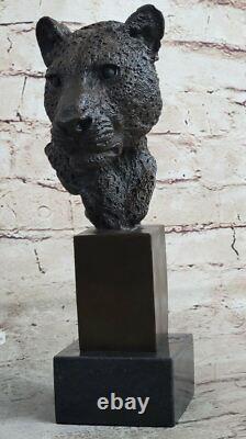 African Cougar Puma Bronze Sculpture Bust Signed Art Deco Marble Base Openwork