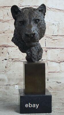 African Cougar Puma Bronze Sculpture Bust Signed Art Deco Marble Base Openwork
