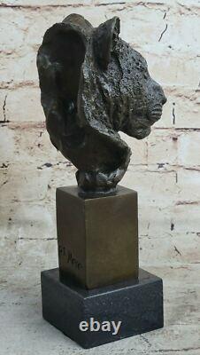 African Cougar Puma Bronze Sculpture Bust Signed Art Deco Marble Base Openwork