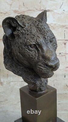 African Cougar Puma Bronze Sculpture Bust Signed Art Deco Marble Base Openwork