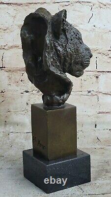 African Cougar Puma Bronze Sculpture Bust Signed Art Deco Marble Figurine Base