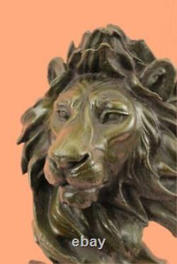 African Mountain Lion Bronze Sculpture Signed Art Deco Marble Base
