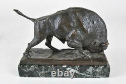 Alb Wille, 2 Bronze And Marble Bisons, Signed Sculptures, Early 20th Century