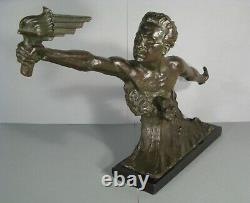 Allegory Speed Bust Mermoz Ancient Bronze Sculpture Signed Frederic C. Focht