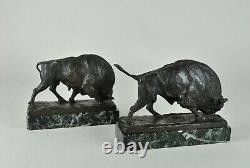 Alta Wille, Bisons 2 Bronze And Marble Sculpture Signed, Early 20th Century
