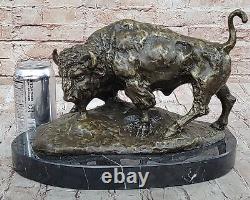 American Buffalo Bull Bronze Sculpture Signed by Barye on Marble Base Opens